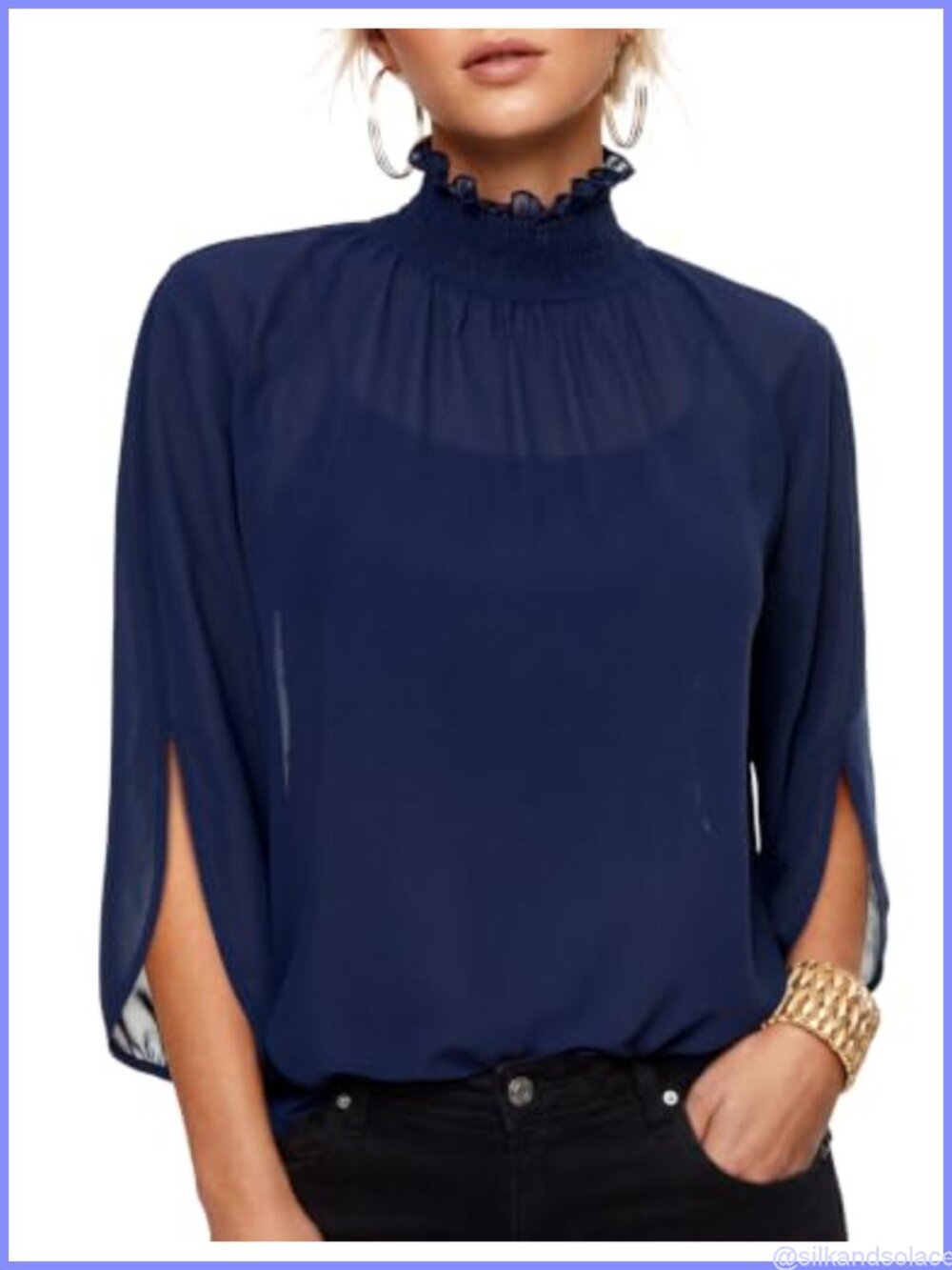 Chiffon Mock Neck 3/4 Sleeve Blouse – Ruffled Smocked Dressy Top